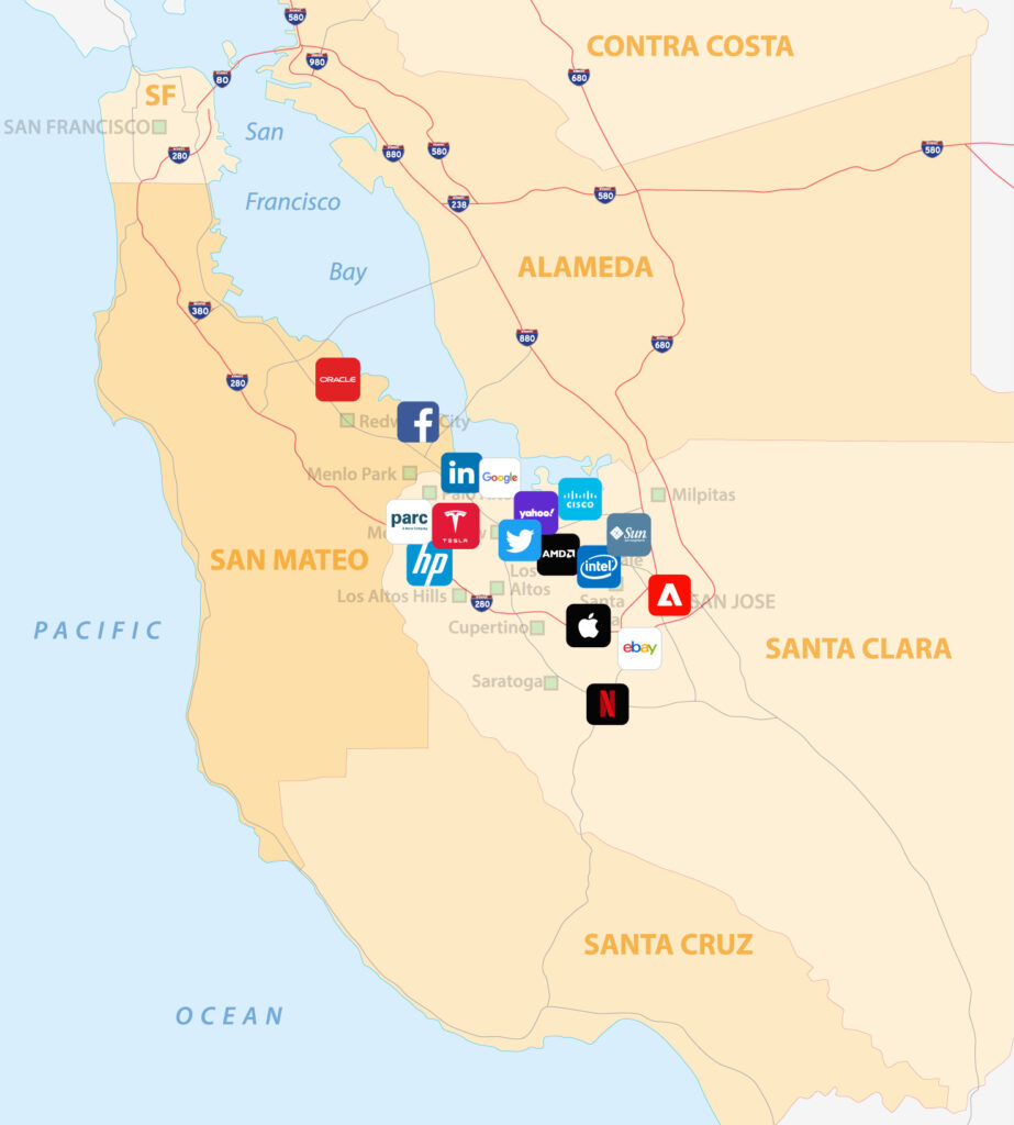Unternehmen im Silicon Valley auf einer Karte